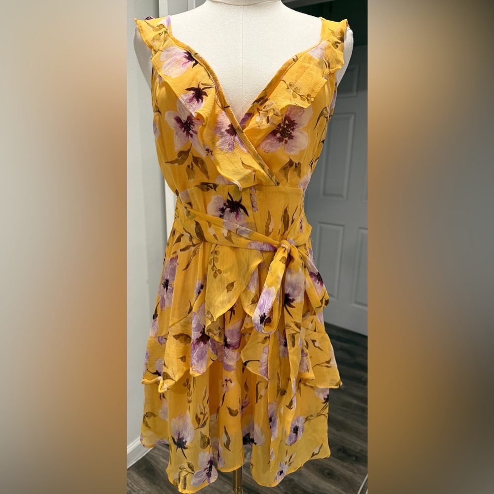 Fashion Nova Yellow Floral Ruffle Mini Dress – Size M